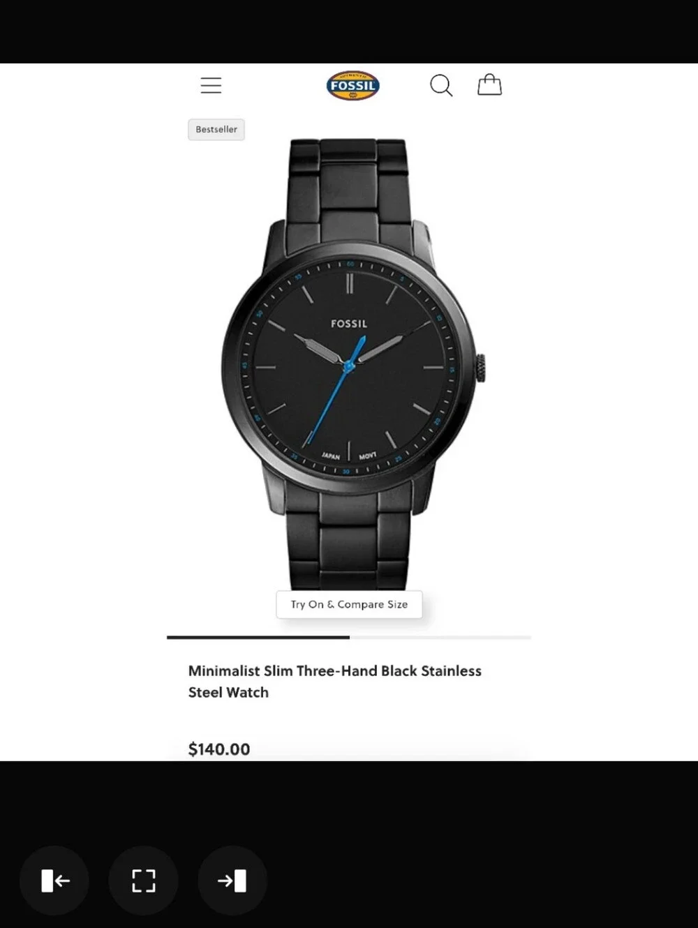 FOSSIL Black Stainless Steel Watch, Men's, New